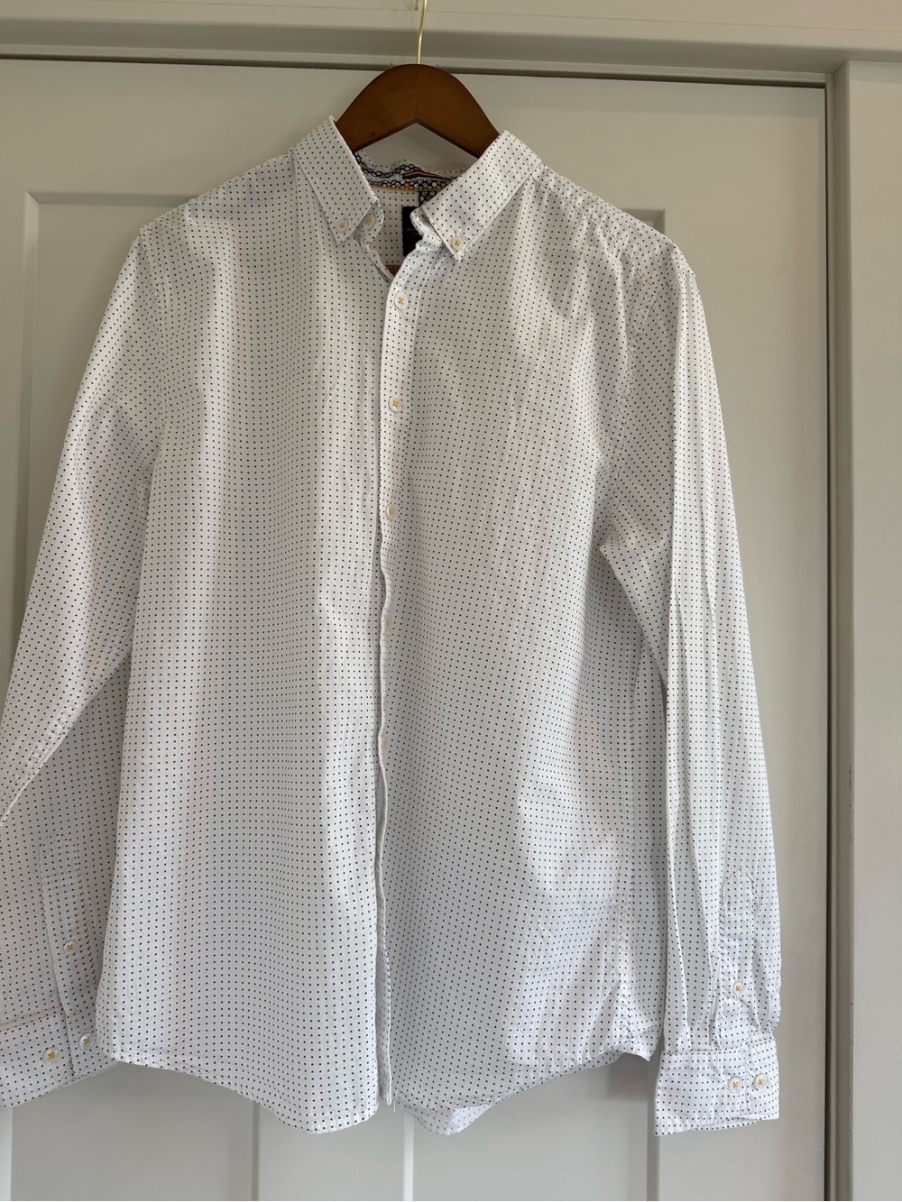 Denim & Flower White Long-Sleeve Button-Down Shirt Micro Dot Print Slim Fit L